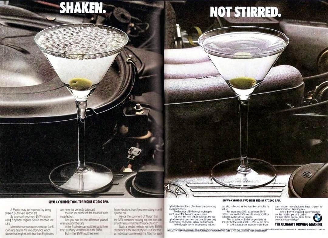 Club_BMW_Serie3's tweet photo. Shaken not stirred. #vintageadvertising #bmw against #mercedesbenz #sixinline #bmwm20 #classicbmw #bmwclassic #cochesclasicos #classiccars #tegustaconducir #freudeamfahren https://t.co/2pzl3NisS9