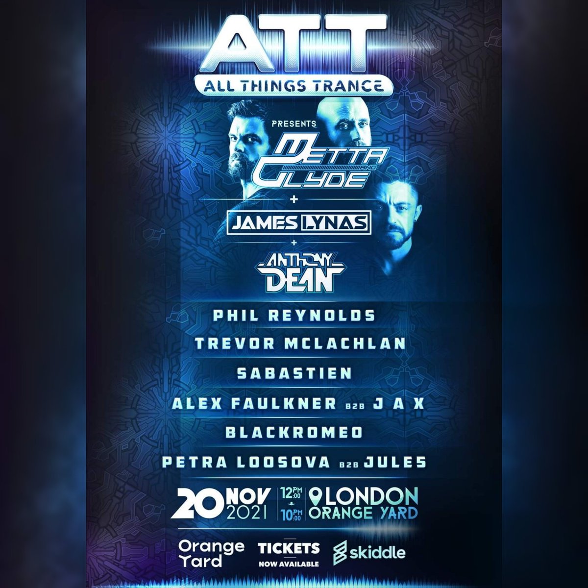 MettaandGlyde's tweet photo. Set times have now been announced for ATT - All Things Trance tomorrow at The Orange Yard, London. 
Catch us playing 17:30 - 18:30 🔥🙌🙌🔥

Don't miss out! Grab your tickets now before they're gone  https://t.co/C0WVGNrydY

#mettaandglyde #att #allthingstrance #trance https://t.co/MDp2LODmb2