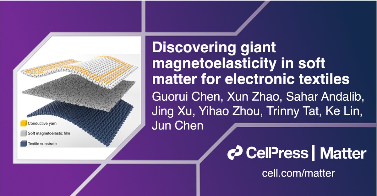 Matter_CP's tweet photo. .@JunChenLab @BioEngUCLA shows giant magnetoelasticity in soft matter, using it to develop new electronic textiles for biomonitoring and personalized healthcare! @UCLA @UCLAEngineering
Read about it in #MatterIssue29: https://t.co/aGZdn6SKhf https://t.co/R25Z7KSJiK