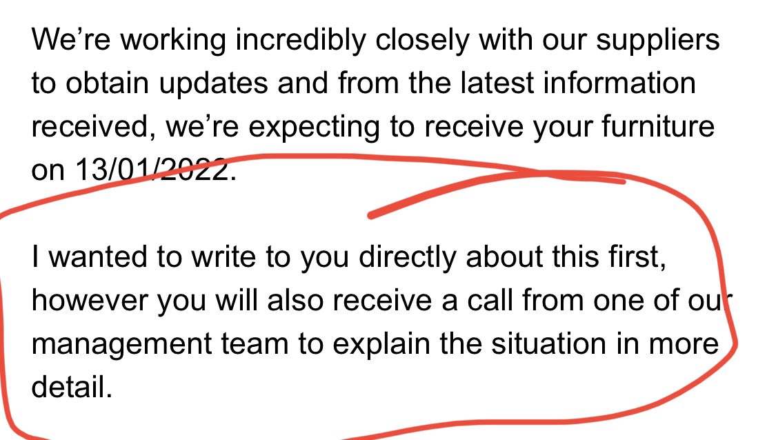 sblake161189's tweet photo. @scssofas nearly a month and still no call as promised. Been on chat several times and they’ve assured I will receive a call within 72 hours. It’s now been a week and still nothing. https://t.co/xRlDr1XQ2R