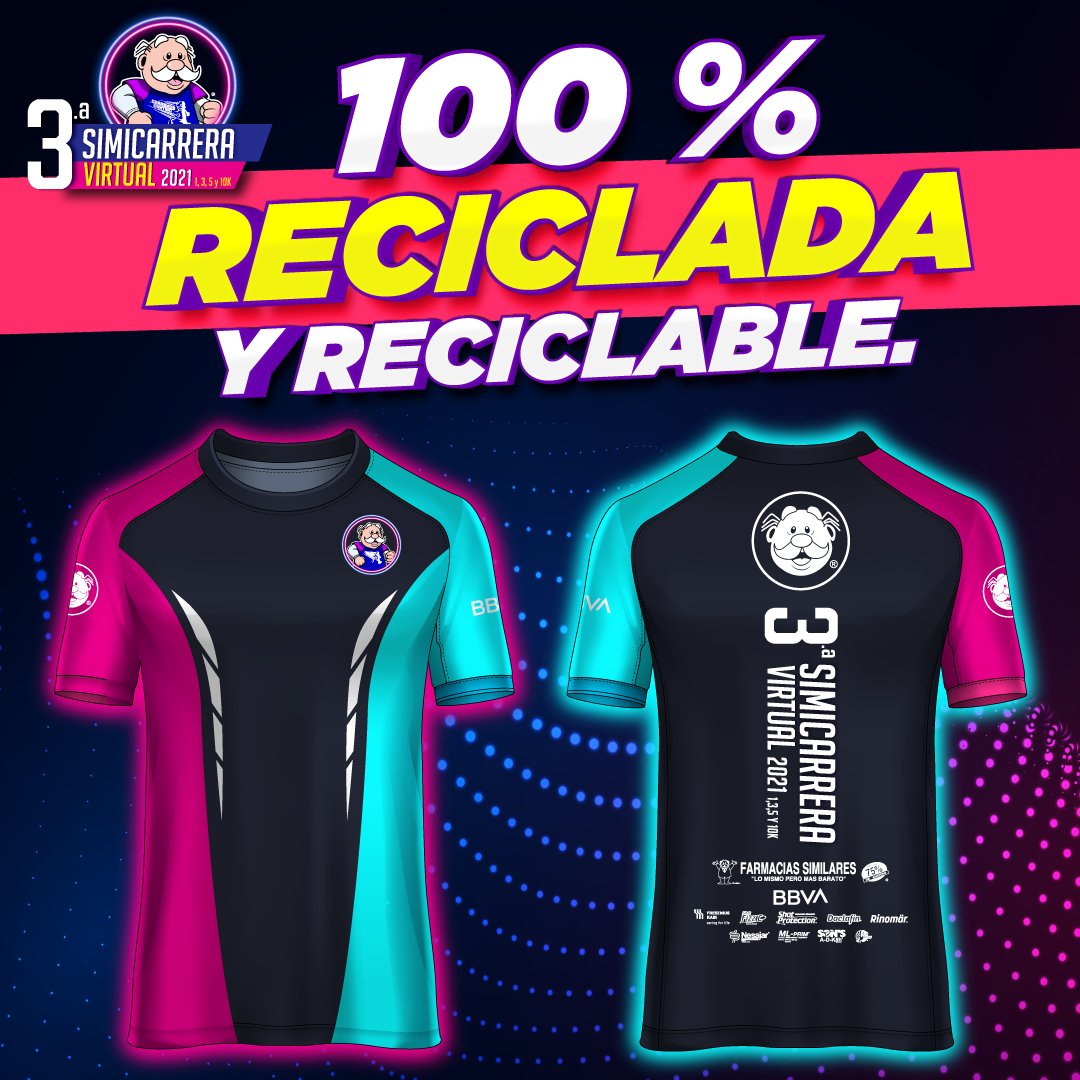 simicarreras's tweet photo. ¡Comprometidos con el medioambiente! Las playeras de la 3.a #SimicarreraVirtual 2021 están hechas con botellas de plástico recicladas. ¡Obtén la tuya! Inscríbete en: https://t.co/POjwE1q5HO https://t.co/PBKSGfaVH4