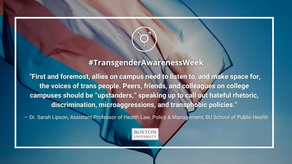 To close out #TransAwarenessWeek , <a href="/BUSPH/">Boston University School of Public Health</a>'s @DrSarahLipson shares how to be an ally to the transgender community, and highlights the need for community members on college campuses to be upstanders in the face of bias and discrimination. <a href="/NIMHgov/">National Institute of Mental Health (NIMH)</a> ➡️ spr.ly/6004J9Dz0