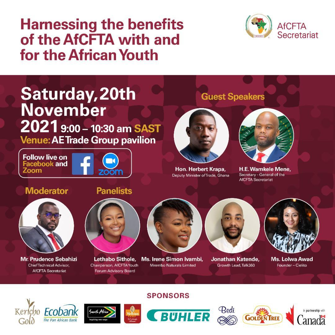 SP_AfCFTA's tweet photo. Join us tomorrow at the #AETRADE Group Pavilion as we discuss ways in which the youth can harness opportunities created by the Free
Trade Agreement. #AfCFTA #trade https://t.co/4xpvcDYXyL