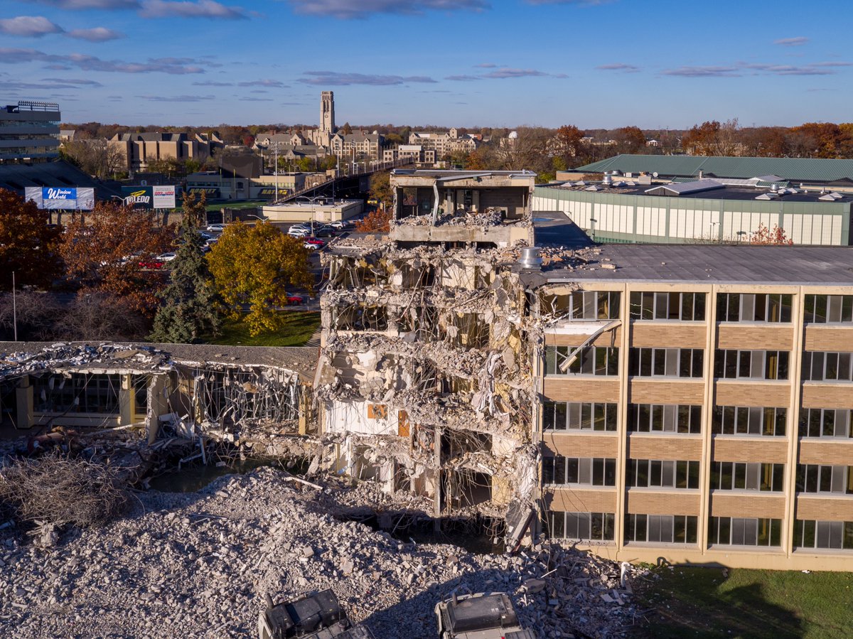 UToledo's tweet photo. After nearly 60 years of housing students on campus – Carter Hall is coming down. 

🚧 The demolition is part of our Campus Master Plan https://t.co/HVET2IqOOQ https://t.co/FoXe0H4XZy