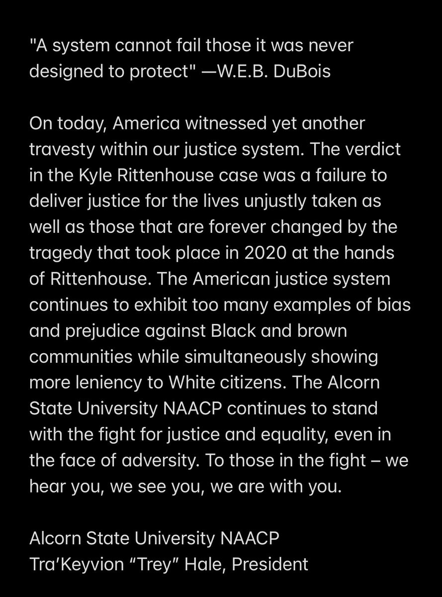 A statement from the Alcorn State University NAACP regarding the verdict of the #KyleRittenhouseTrial.