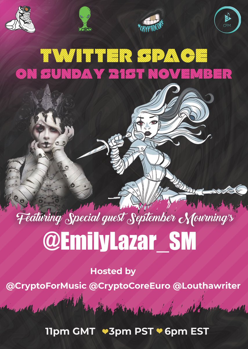 cryptocoreeuro's tweet photo. The Septemberβs Monsters NFT drop space with @EmilyLazar_SM has been rescheduled! See you guys Sunday! #cryptocoreeuro #cryptoformusic #cryptocore LFG! https://t.co/99IXEOz5ig