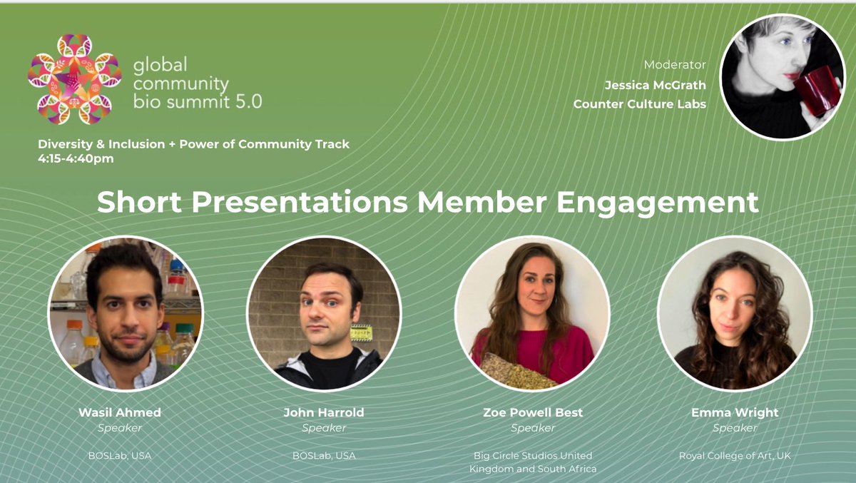's tweet image. Current amazing sharing in @globalbiosummit in the D&amp;amp;I/Power of Community track. Hearing from @BosLabMA @ZoePowellBest and Emma Wright #global biosummit #communitybio Thanks to Jessica McGrath for day of amazing moderating representing @CountrCultrLabs