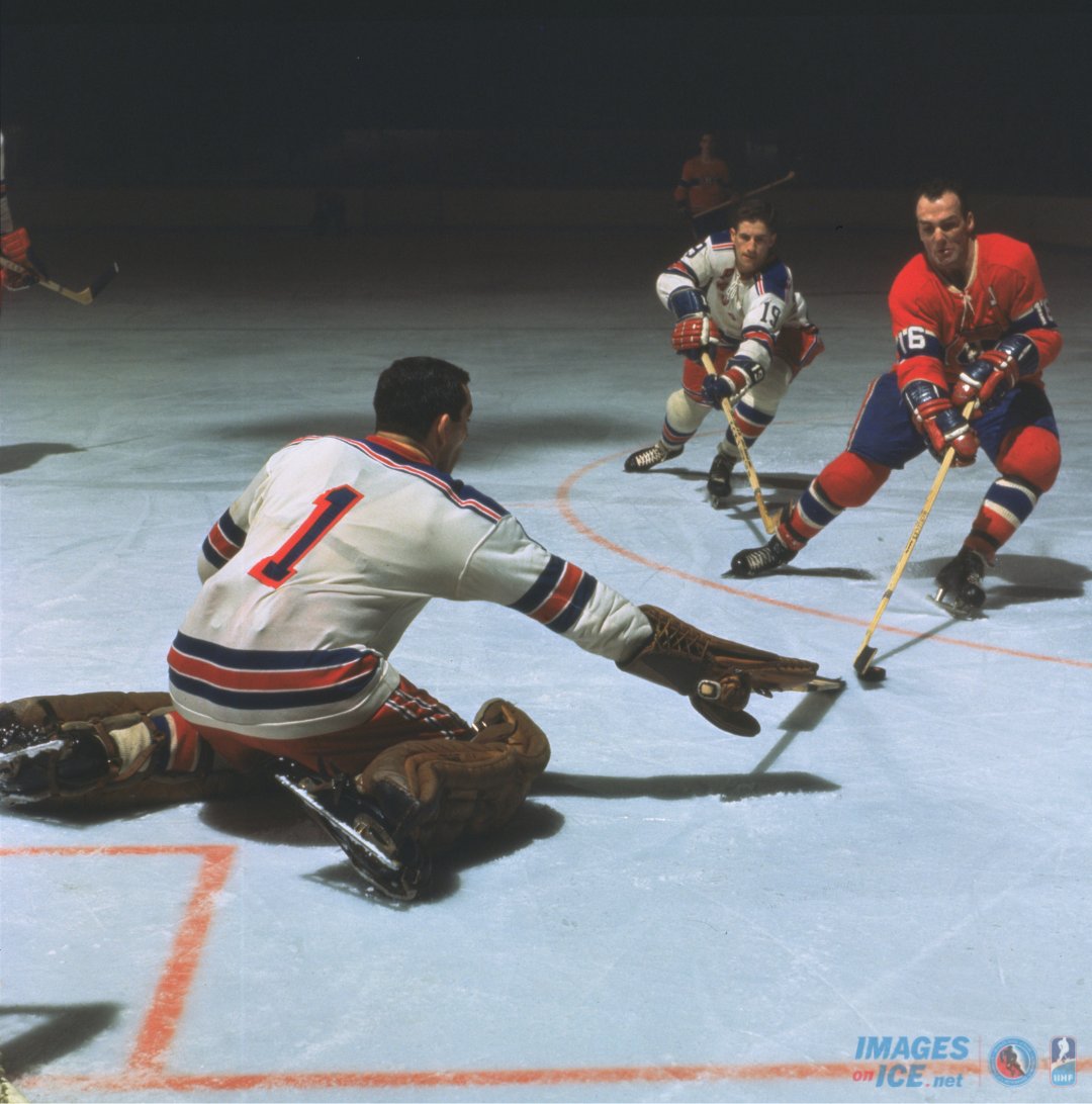 Henri Richard #16 of the Montreal Canadiens with a scoring chance against Eddie Giacomin #1 of the New York Rangers while Jean Ratelle #19 defends during NHL action at Madison Square Garden in New York, NY. Photo credit: Frank Prazak/HHOF