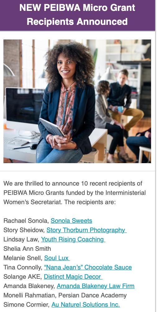 StartupPei's tweet photo. A heartfelt congratulations to @PEIBWA's 2021 Micro Grant Winners! #WomenInBusiness #WIB #PEI https://t.co/eKY9C5cXEl