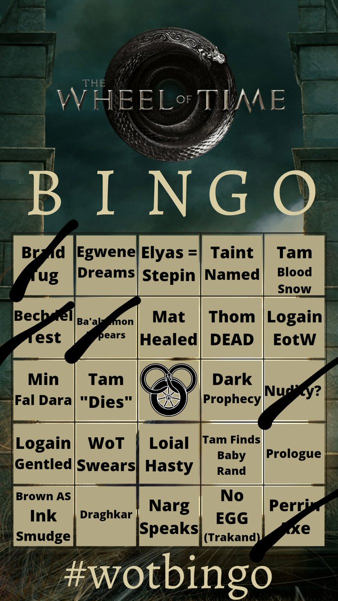 fantology_books's tweet photo. How are your #wotbingo cards going? Ours isn't looking great so far. But there is still time! #TheWheelOfTime 
(SPOILERS FOR THE FIRST COUPLE BOOKS IN THE IMAGE) https://t.co/kH6iWpkl61