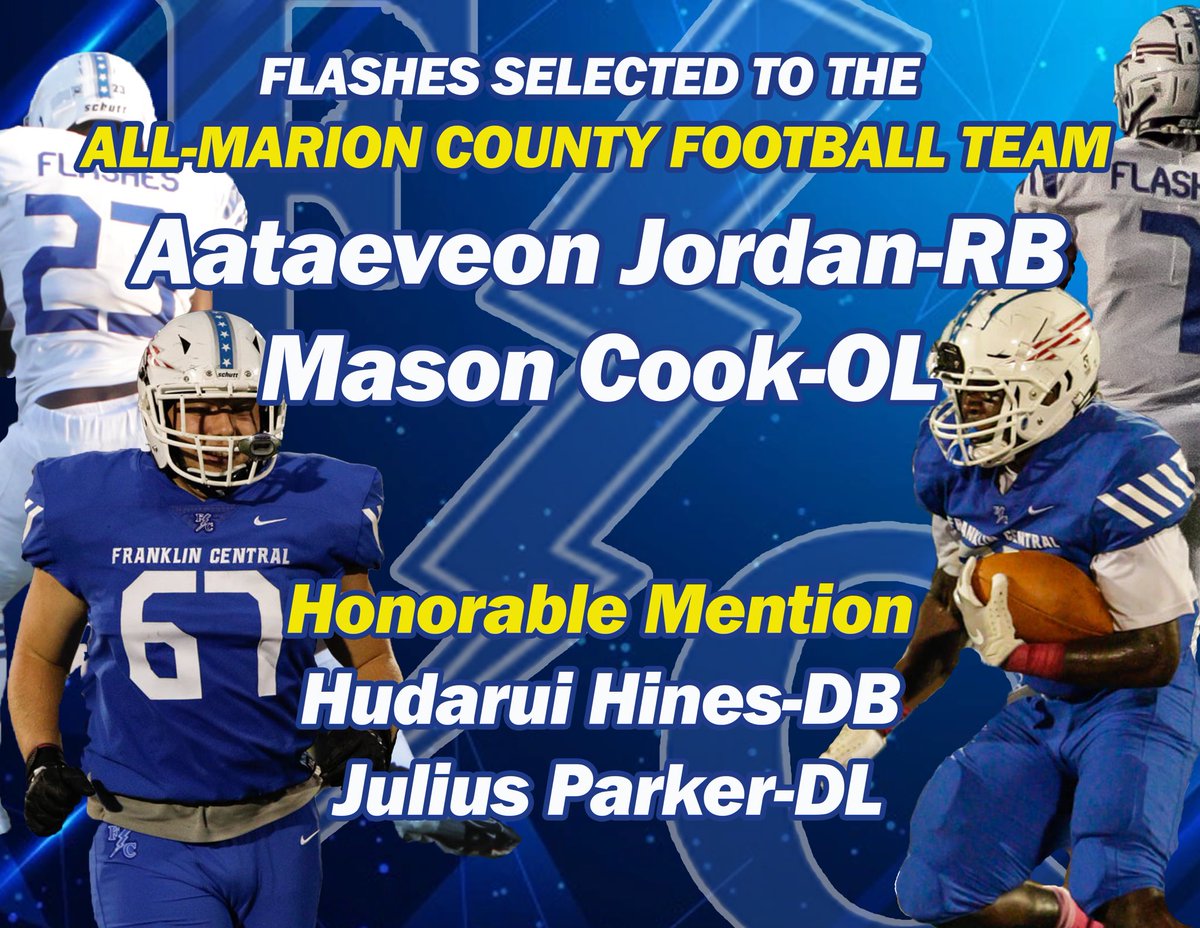 FCFlashesFB's tweet photo. Congratulations to @AataeveonJ and @Masoncook67 for being selected to the All Marion County football team!Congrats to  @HudaurH and @HunchomaneJay23 for being Honorable Mention! #ChargeUp⚡️ https://t.co/ZFUtohYvci