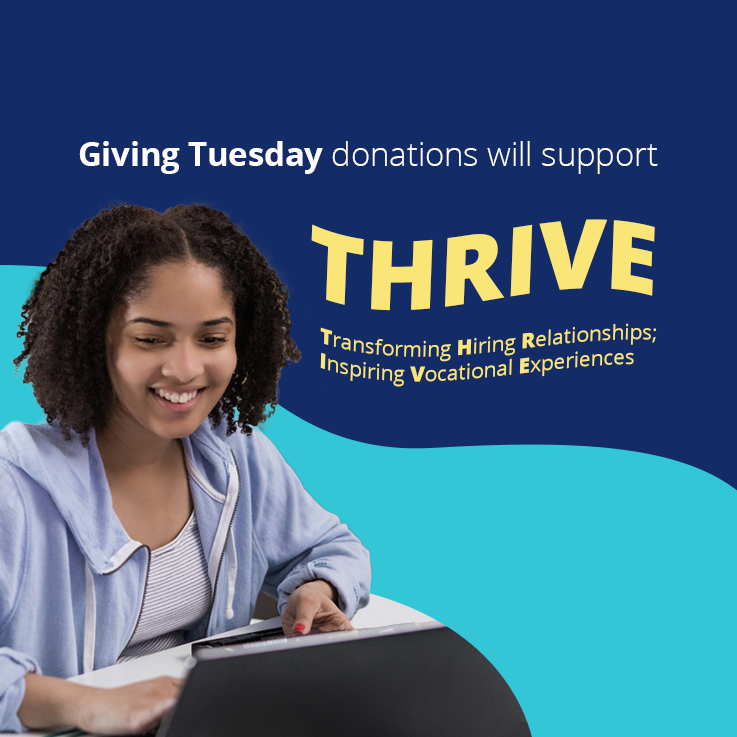 BCCFA's tweet photo. This year, donations received during #GivingTuesday will help support THRIVE, an innovative service for youth aged 19-29 with diverse abilities who have completed, or are enrolled in, post-secondary education. https://t.co/P3Eug061pR