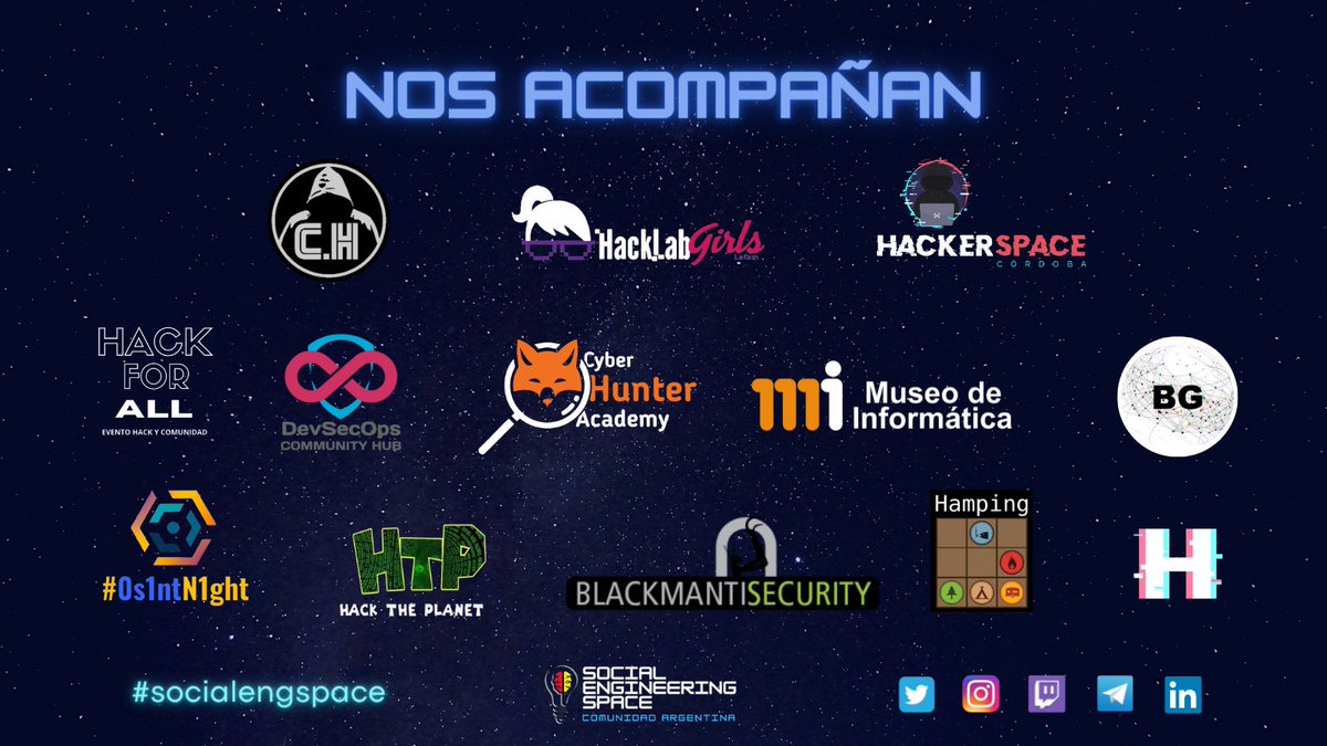SocialEngCommu's tweet photo. Muchas gracias por confiar en nosotros.

➡️ @HackChubut
➡️ @B01Group
➡️ @H4ckThePl4net
➡️ #HackForAll
➡️ @cbahackerspace
➡️ @MuseoInformatic
➡️ @CyberHunterSec
➡️ @hamping_org
➡️ @HackLabGirlsLT
➡️ @ar_devsecops
➡️ @0s1ntn1ght
➡️ @Blackmantisec 
➡️  @Hackear_ARG https://t.co/YZx6Ky7glV
