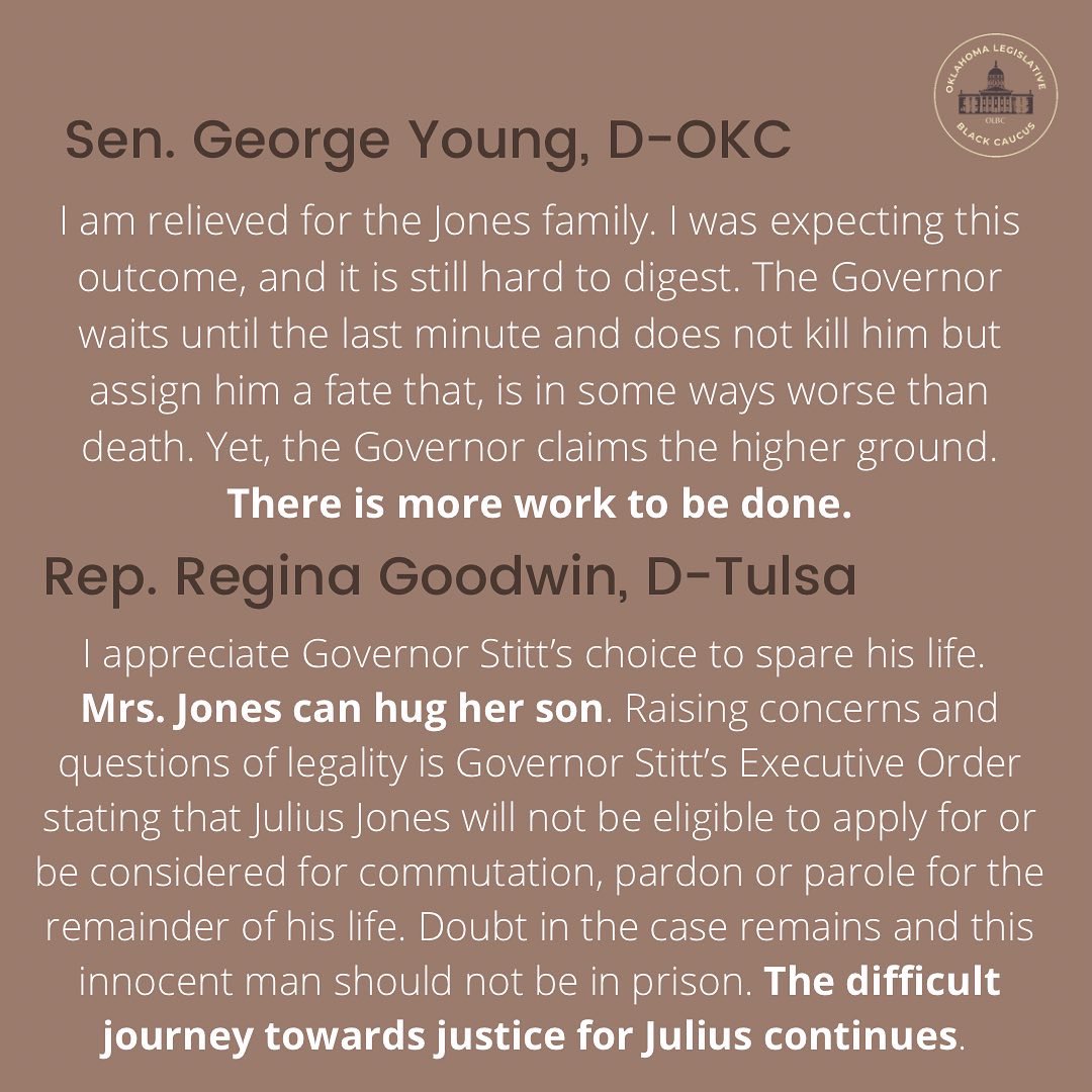 okblackcaucus's tweet photo. The Oklahoma Legislative Black Caucus is thankful for the Governor’s decision to commute the sentence of Julius Jones and praises the work and dedication of the community advocates who made yesterday possible. 

There is more work to be done. #OLBC https://t.co/2NT1QKcc7C