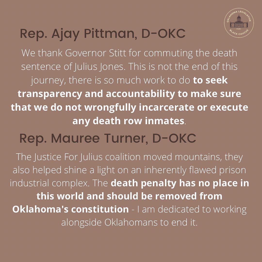 okblackcaucus's tweet photo. The Oklahoma Legislative Black Caucus is thankful for the Governor’s decision to commute the sentence of Julius Jones and praises the work and dedication of the community advocates who made yesterday possible. 

There is more work to be done. #OLBC https://t.co/2NT1QKcc7C