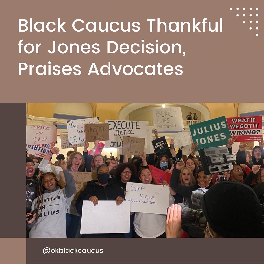 okblackcaucus's tweet photo. The Oklahoma Legislative Black Caucus is thankful for the Governor’s decision to commute the sentence of Julius Jones and praises the work and dedication of the community advocates who made yesterday possible. 

There is more work to be done. #OLBC https://t.co/2NT1QKcc7C