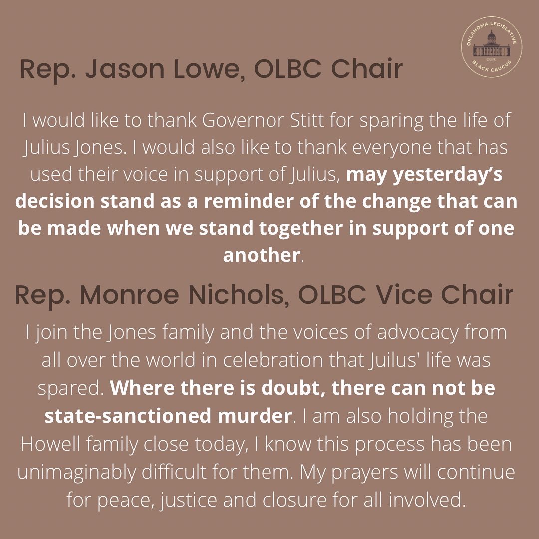 okblackcaucus's tweet photo. The Oklahoma Legislative Black Caucus is thankful for the Governor’s decision to commute the sentence of Julius Jones and praises the work and dedication of the community advocates who made yesterday possible. 

There is more work to be done. #OLBC https://t.co/2NT1QKcc7C