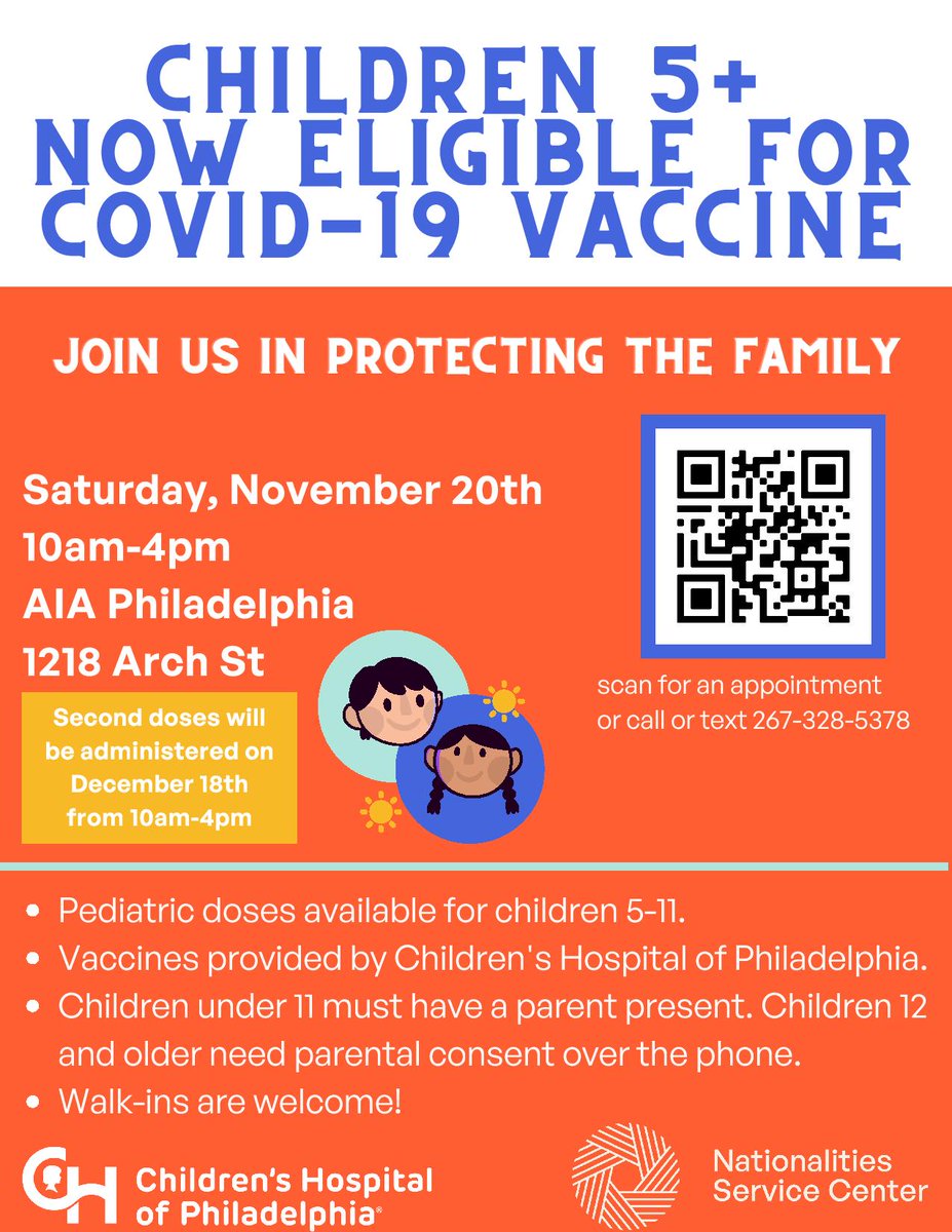 FurnessHigh's tweet photo. Free vaccine clinic for ages 5 and up at Nationalities Services Center WITH translators on site! 🌍💉 @PHLschools @sdp_multilingua https://t.co/2AgoeiRJzg