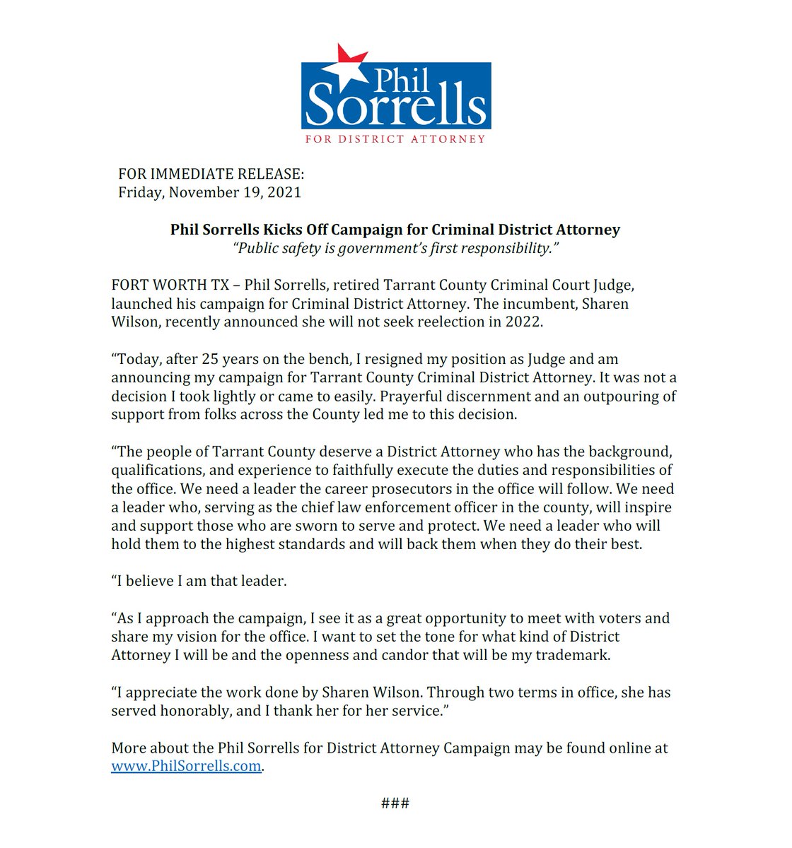 I am officially announcing my campaign for Tarrant County District Attorney.