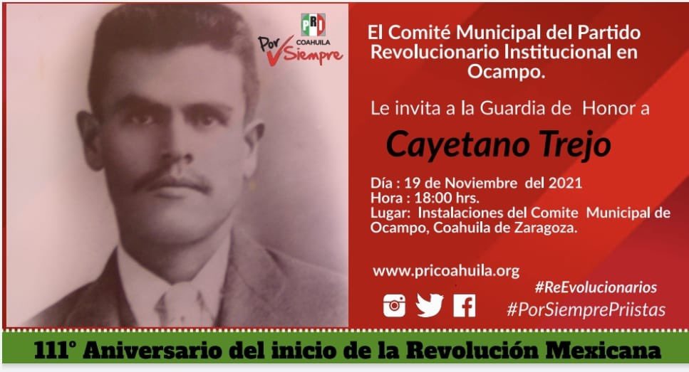 En #Ocampo los priistas montaremos esta tarde una guardia en honor de Cayetano Trejo, hombre de confianza de Madero y precursor de la Revolución Mexicana, a 111 años de su inicio.
#RevolucionariosCoahuila
