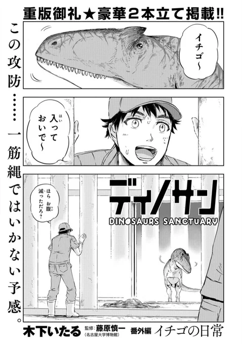 《📕バンチ1️⃣月号本日発売📕》  続いて、海堂❎アロサウルス・イチゴが登場する番外編『イチゴの日常』🦖🌴  おいしそうな肉を目の前にしても、イチゴがオリに入ろうとしない理由とはーー?   #恐竜 #江の島ディノランド