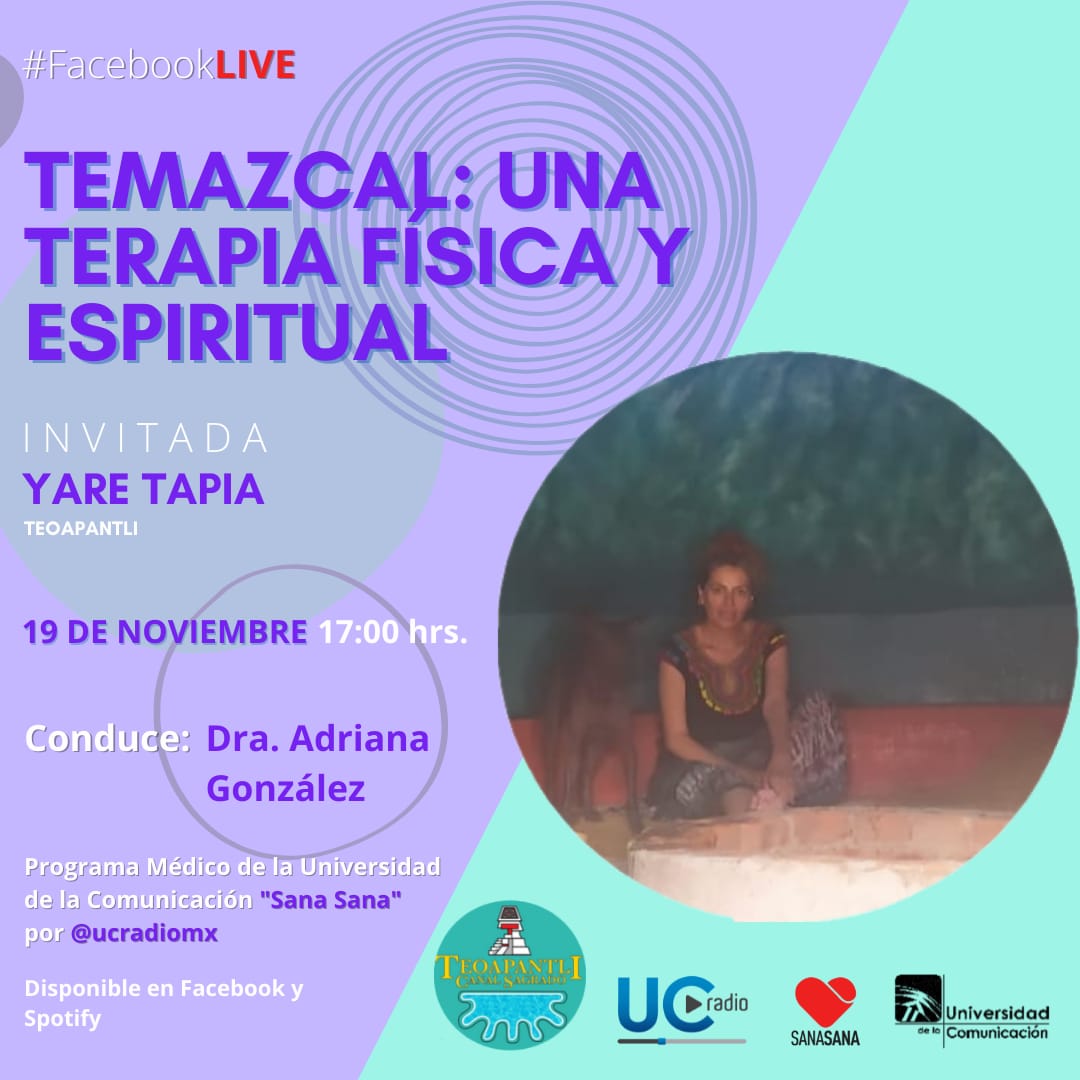 No te pierdas #SanaSana con la <a href="/AdryDra/">Dra. Adry UC.</a> y como invitada: 
🔥 Yare Tapia para hablarnos de...
TEMAZCAL: Una terapia física y espiritual

▶️ Ponle play
⌛ 5:00 pm
📍 Facebook.com/ucradiomx
🗓️ Viernes 19.11.21