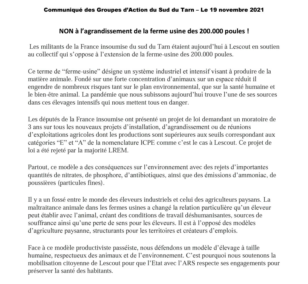 TarnInsoumis's tweet photo. Extension de la ferme-usine de #Lescout.
Notre communiqué ⤵️ https://t.co/emSkQoRPT6