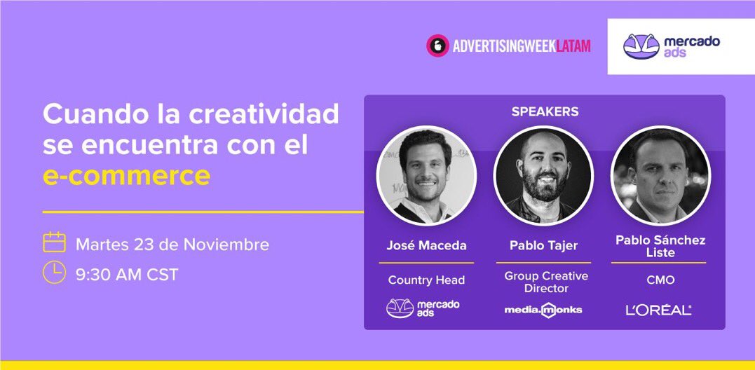 Pablo Sanchez Liste (@sanchezlistepr) on Twitter photo 🙋🏻♂️Los invito a esta charla el proximo 23/11.
💡“Cuando la creatividad se encuentra con el e-Commerce”.
🔝Junto a José Manuel Maceda Vieira de Mercado Ads y <a href="/TajerP/">Pablo Tajer</a> de <a href="/MediaMonks/">MediaMonks</a>
🌟Les contaremoa acerca de la idea “Beauty Click” que <a href="/lorealmexico/">L'Oréal México</a> implemento en <a href="/ML_Mexico/">Mercado Libre México</a> 🙋🏻♂️Los invito a esta charla el proximo 23/11.
💡“Cuando la creatividad se encuentra con el e-Commerce”.
🔝Junto a José Manuel Maceda Vieira de Mercado Ads y <a href="/TajerP/">Pablo Tajer</a> de <a href="/MediaMonks/">MediaMonks</a>
🌟Les contaremoa acerca de la idea “Beauty Click” que <a href="/lorealmexico/">L'Oréal México</a> implemento en <a href="/ML_Mexico/">Mercado Libre México</a>