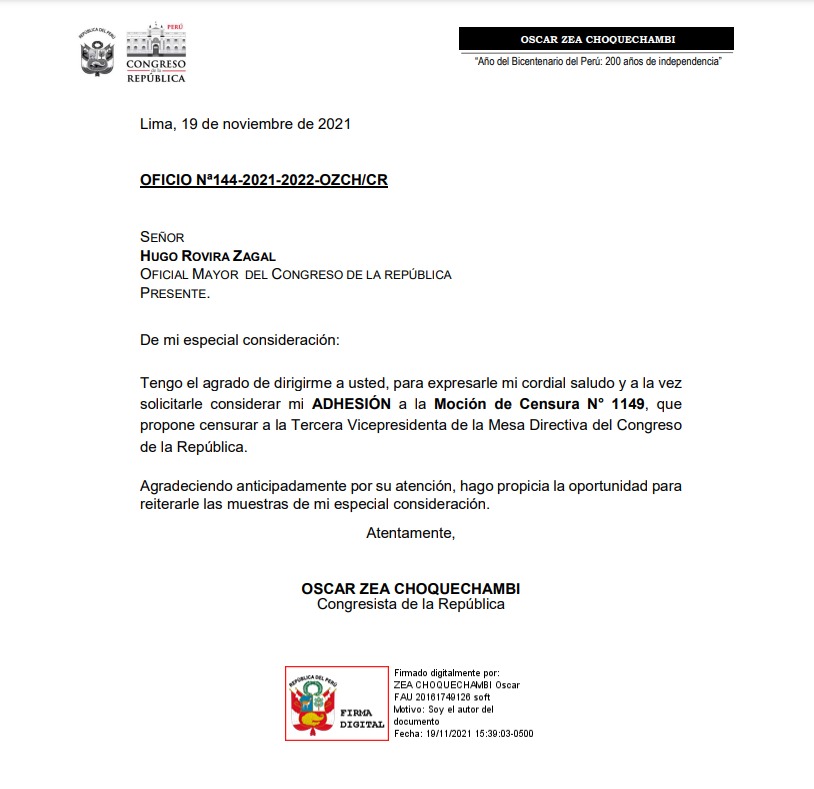 🔴✏ Me adhiero a la moción de censura contra la Tercera Vicepresidenta del <a href="/congresoperu/">Congreso del Perú 🇵🇪</a> Patricia Chirinos. Hago un llamado a todos los congresistas a sumarse a esta iniciativa para defender la democracia de posiciones golpistas que no deben tener cabida en la Mesa Directiva.