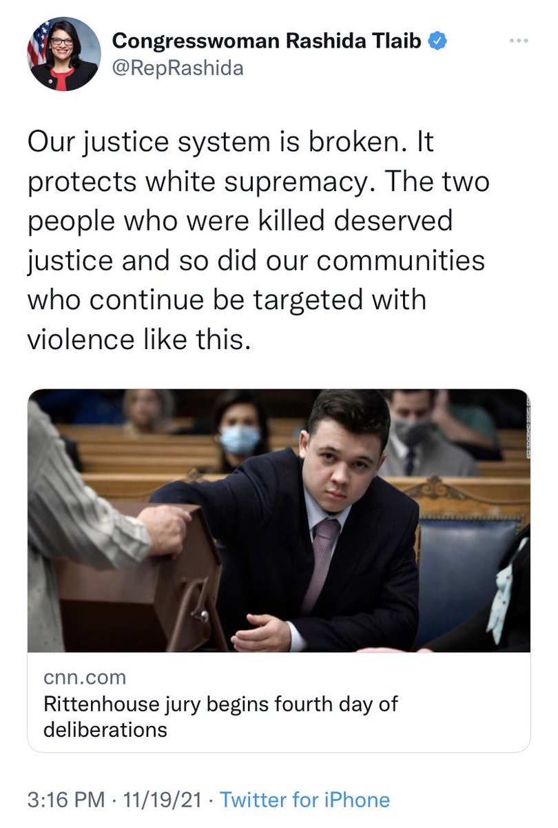 .@RashidaTlaib there’s NO white supremacy when EVERYONE involved is white. Self defense has nothing to do with skin color, it’s a God given right to ALL of us. Justice was upheld today when Kyle was found NOT GUILTY. You’re support of violent BLM riots is an injustice.