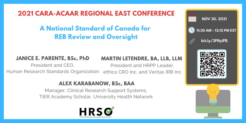 hrso_onrh's tweet photo. Looking forward to see you at our upcoming @cara_acaar presentation on the recently published National Standard of Canada "Ethical Review and Oversight of Human Research"!
Register here: https://t.co/mkey6zL0Wh
@JaniceParente @alkarabanow @LetendreMartin
 #StandardsMatter https://t.co/hFgK59qVBh