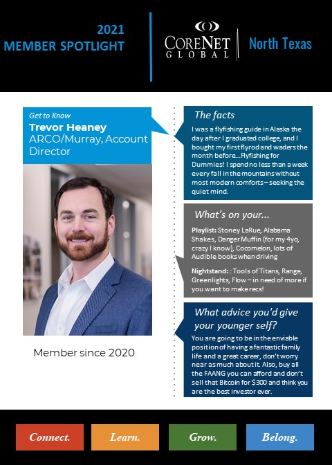 CoreNetNorthTex's tweet image. Today we spotlight Trevor Heaney. CoreNet North Texas member since 2020, Trevor serves on our Membership Committee. Thank you, Trevor, for your contributions to the AEC industry and our CoreNet community.

#business #leadership #commercialrealestate #aecindustry #memberspotlight