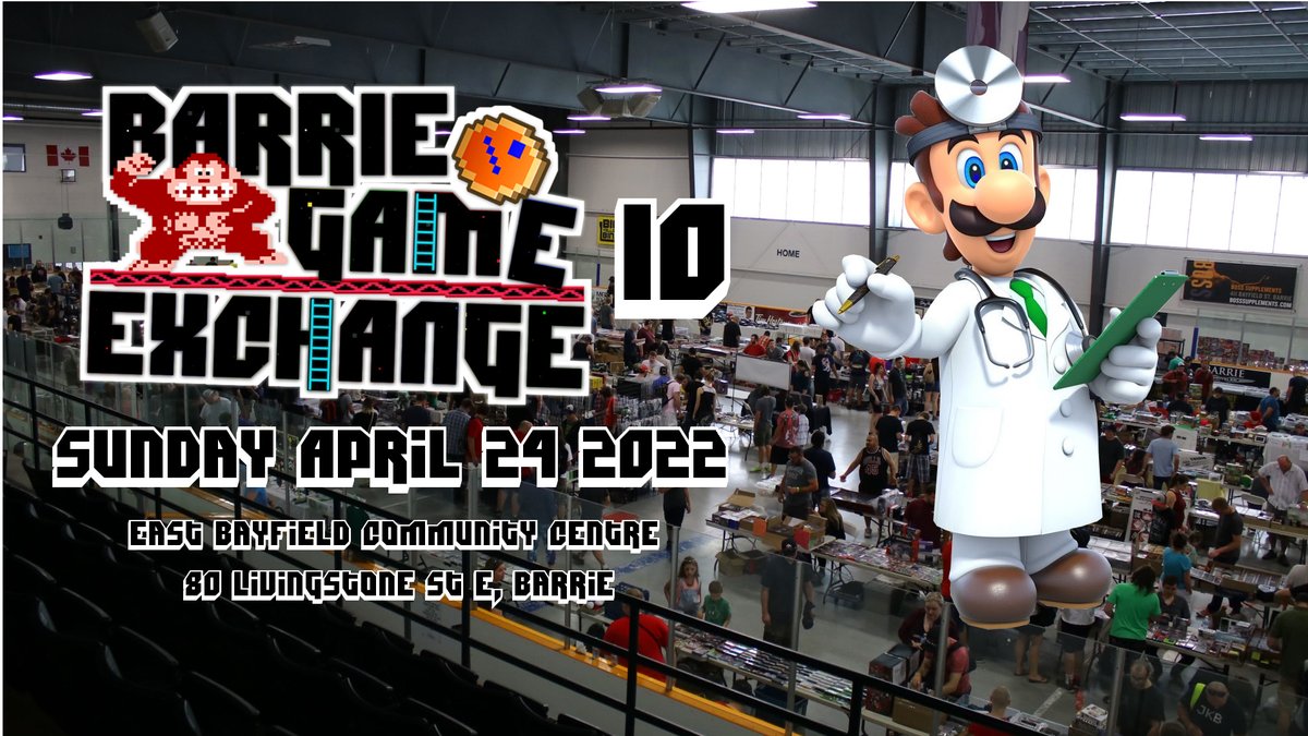 BarrieGameEx's tweet photo. We have consulted with Dr. Luigi and we are happy to announce the return of the Barrie Game Exchange.

BGE10 - Sunday April 24, 2022
East Bayfield Community Centre
80 Livingstone St East
https://t.co/J2IdrfMzJO or https://t.co/hpfB2eEA6v
#Barrie #VideoGames #Swapmeet #BGE https://t.co/ewSKbG5FZc