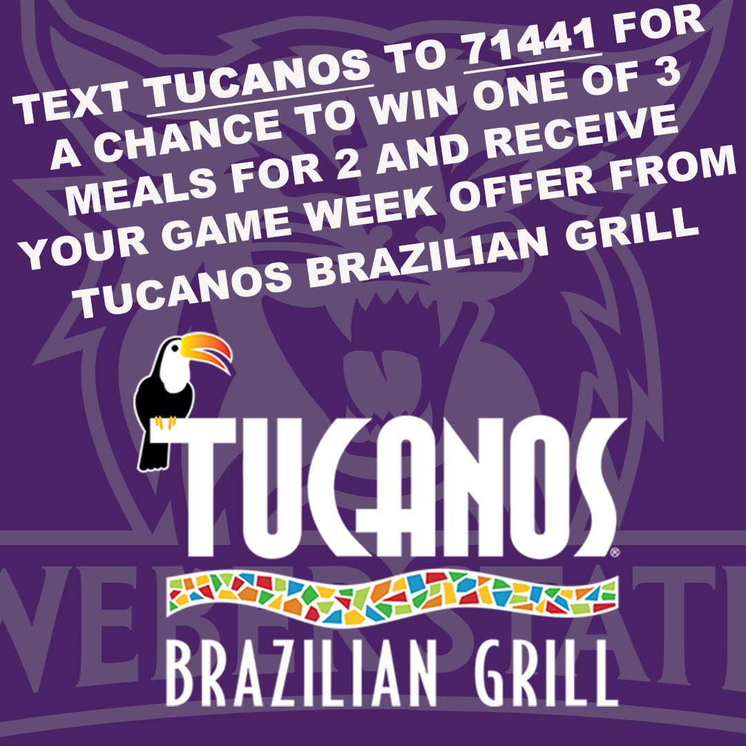 weberstatefb's tweet photo. GIVEAWAY! 

Hey Wildcat Fans! @tucanosusa is giving away a meal for 2 to 3 lucky fans! Text TUCANOS to 71441 for your chance to win! Msg &amp; data rates may appl https://t.co/nPiahRyFpW