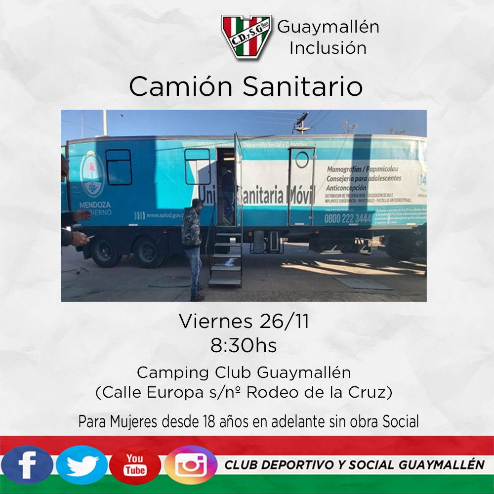 DepGuaymallen's tweet photo. | CAMIÓN SANITARIO |
El próximo viernes podes venir a nuestro camping para realizarte estudios gratis.
#GuaymallénInclusión
#VamosCacique https://t.co/yPkQbaGRyj