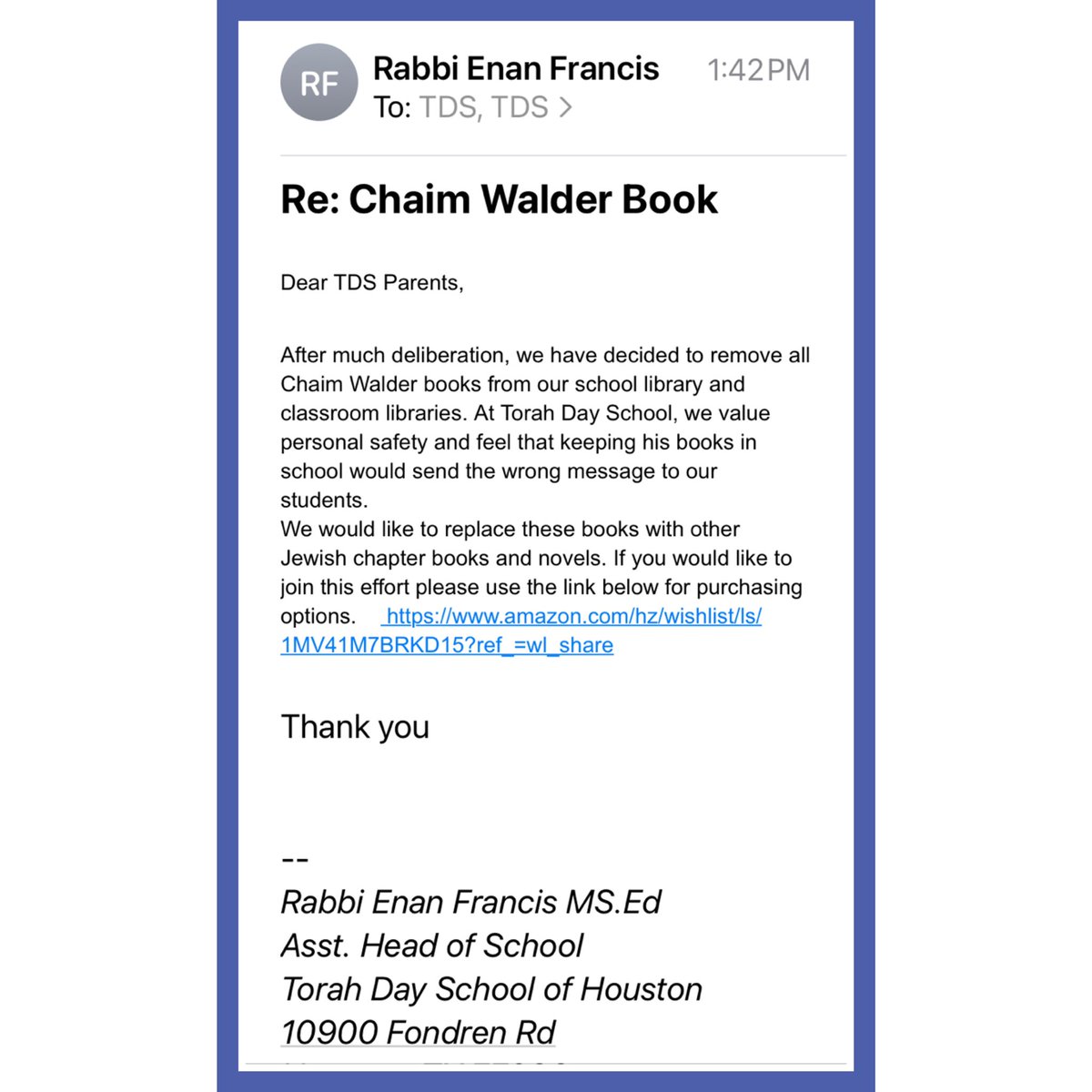 TorahDaySchool's tweet photo. After receiving this email, @Optidge bought the entire wish list! Thank you! We have refilled the wish list for anyone that would like to help replenish our library with wholesome books. https://t.co/fNV5nguOmV