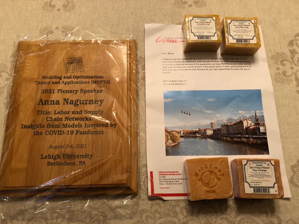 Supernetworks's tweet photo. Another highlight today was going to my @isenbergumass office and finding 2 gifts for plenary talks that I gave at conferences - #MOPTA @lehigh_ise @lehighU + #NETGCoop @INRIA in France. Thanks to the organizers inc. #orms Prof @Karmel_Shehadeh for hosting me at the former one! https://t.co/sWVbwfnvM3