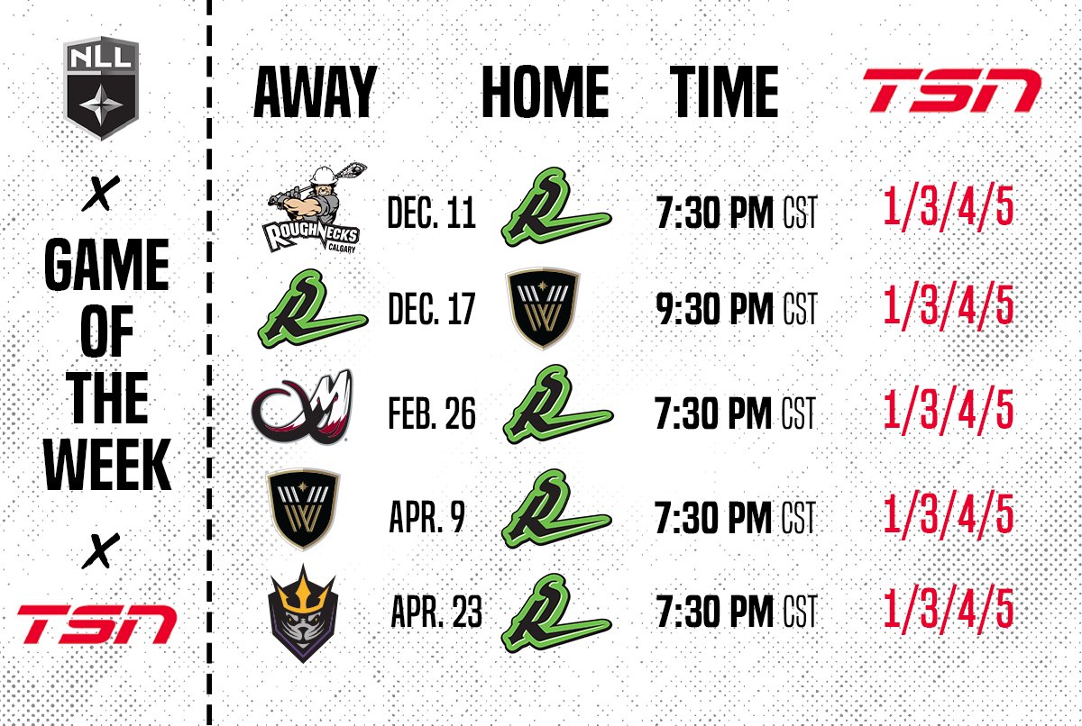 The Rush will be featured 5⃣ times this season on the NLL "Game of the Week" on <a href="/TSN_Sports/">TSN</a> but every NLL game from the 2021-22 regular season can be streamed on TSN’s digital platforms, the TSN app or TSN.ca.

MORE INFO 👉 bit.ly/3nzlmpT

#RushNation