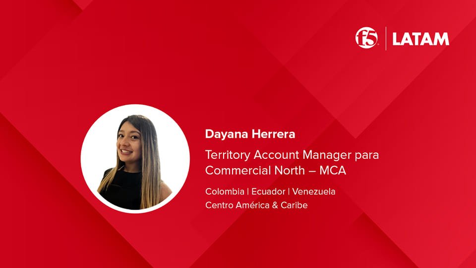 Estamos muy contentos de poder anunciarles una nueva incorporación a nuestro equipo: Dayana Herrera.
Dayana se une a F5 como Territory Account Manager para Commercial North - MCA.

¡Bienvenida Dayana a F5!
¡Muchos éxitos!