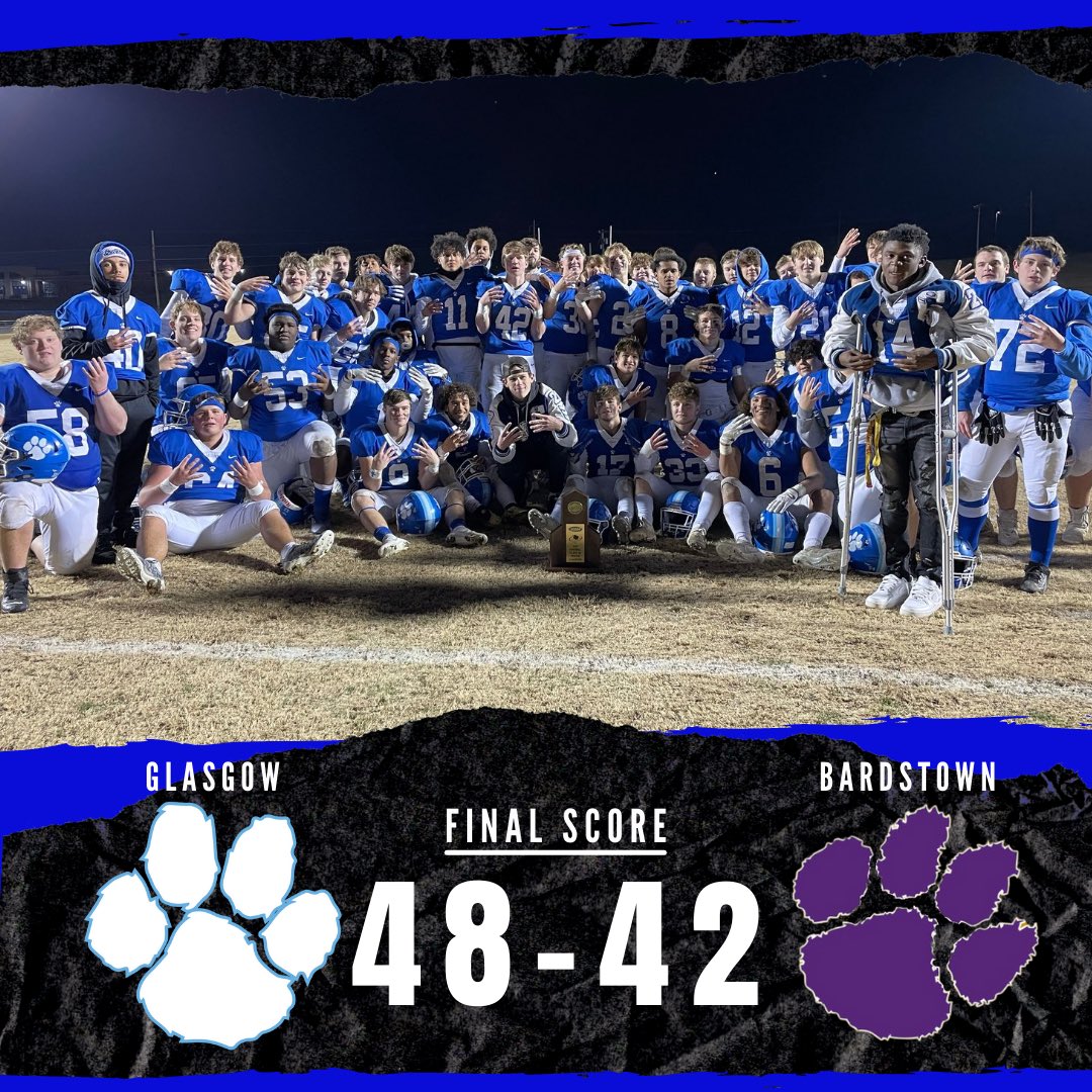 DAWGS ON 🔝

<a href="/scottie_glasgow/">Glasgow Scottie Football</a> defeats Bardstown 48-42 for the REGION CHAMPIONSHIP! 🐾

#GTOWNYOUKNOW #ITSAPARTY #ITSAPARTY #ITSAPARTY