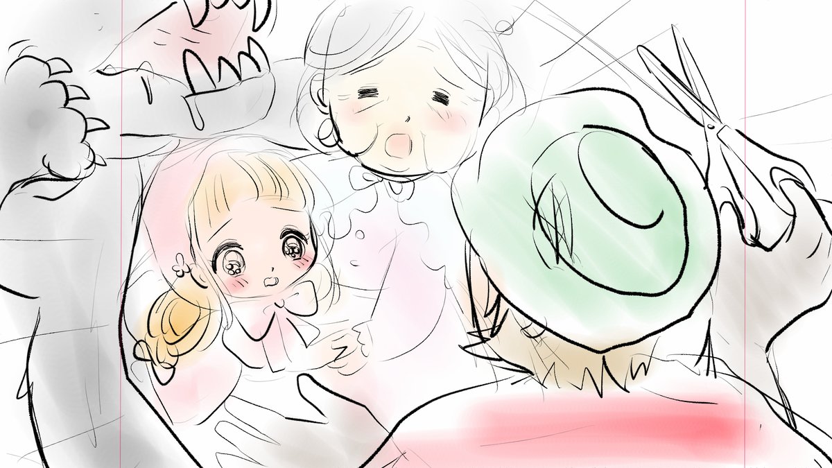 昨日描いた絵です('◇')ゞ
恋の魔法とおまじない683-4色塗途中、イラストACさん素材ちびモブ会社員、エホンオウコクさん「赤ずきんちゃん」挿絵ラフ、福娘童話集さん「三枚のお札」ペン入れ 