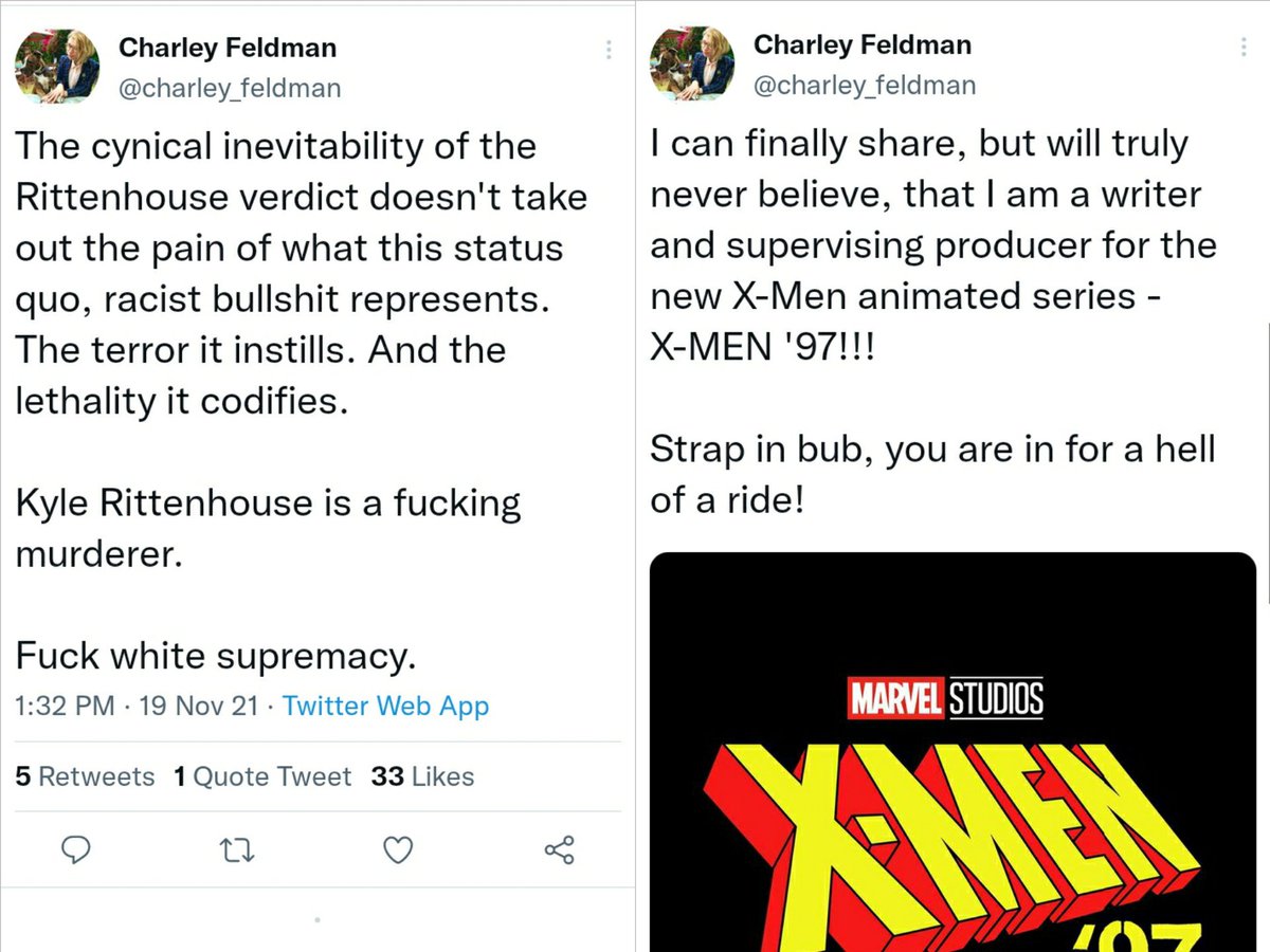 Dataracer117's tweet image. Lead writer and producer of the X-Men reboot on Disney+ is having a meltdown about Kyle Rittenhouse.

Calls him a "racist white supremacist," and thinks all 20 yearold white males are "potential mass shooters."