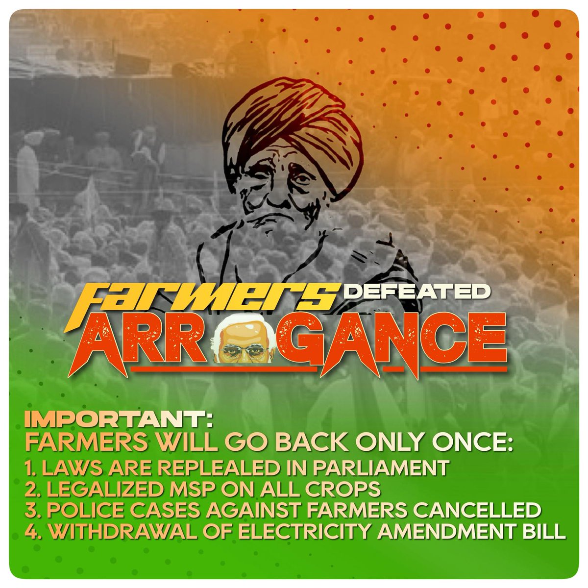Gurinderkang995's tweet photo. Farmar demands 
Repeal laws:- Done 
#justiceForNavreet :- Pending 
#JusticeForLakhimpurFarmers :- Pending 
Make law for MSP :- Pending 
#FarmersProtest is still alive now farmers not back to home
#FarmersDefeatedArrogance https://t.co/RgiR6HFCEG