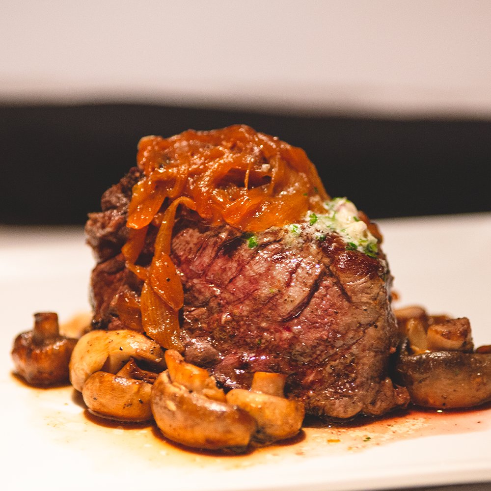 FILET MIGNON with Sauted Mushrooms In Scampi Sauce, Broccolini, Caramelized Onions, Scallion Butter &amp;  Smokey Chili Oil. Reservations: at 58degrees.com 

#58degrees #sacramento #916 #farm2Fork