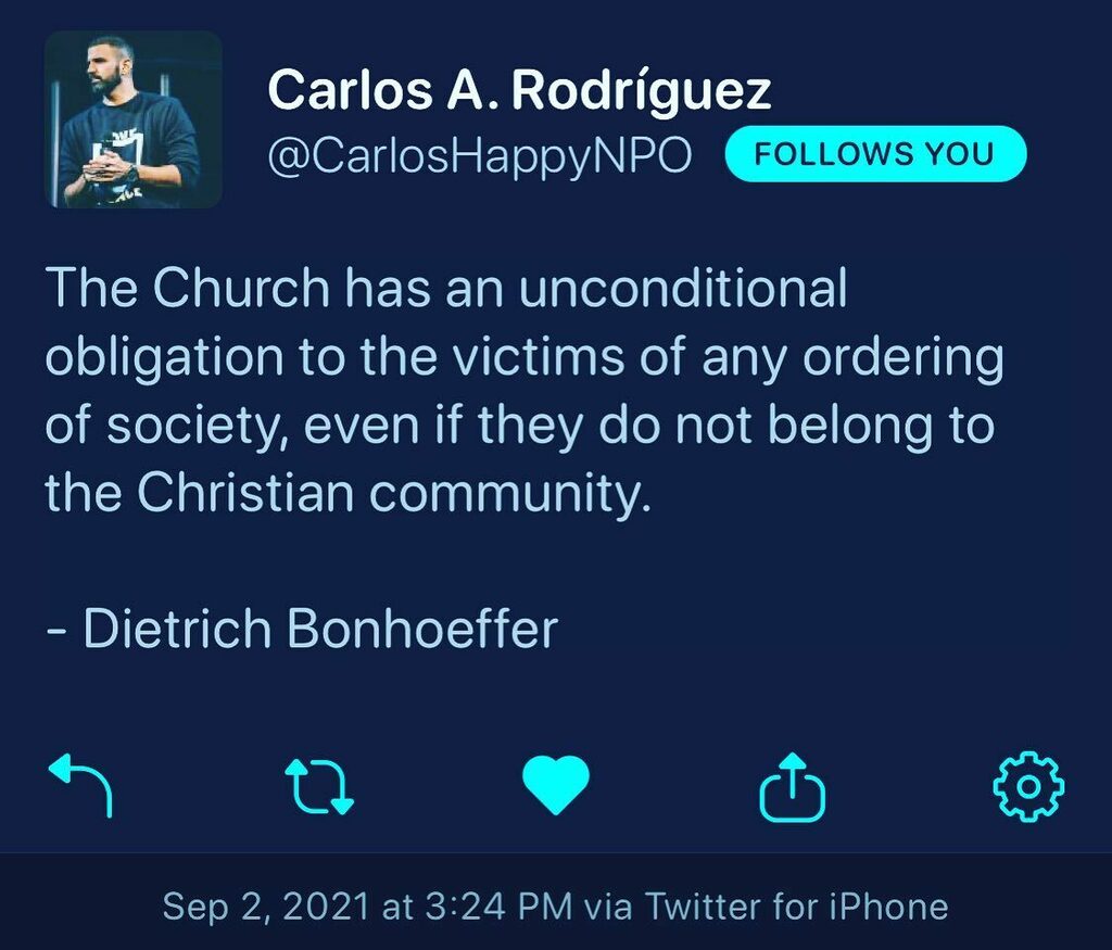 schelske's tweet photo. “The church has an unconditional obligation to the victims of any ordering of society, even if they do not belong to the Christian community.” - D. Bonhoeffer https://t.co/eFWi3AAhEb
