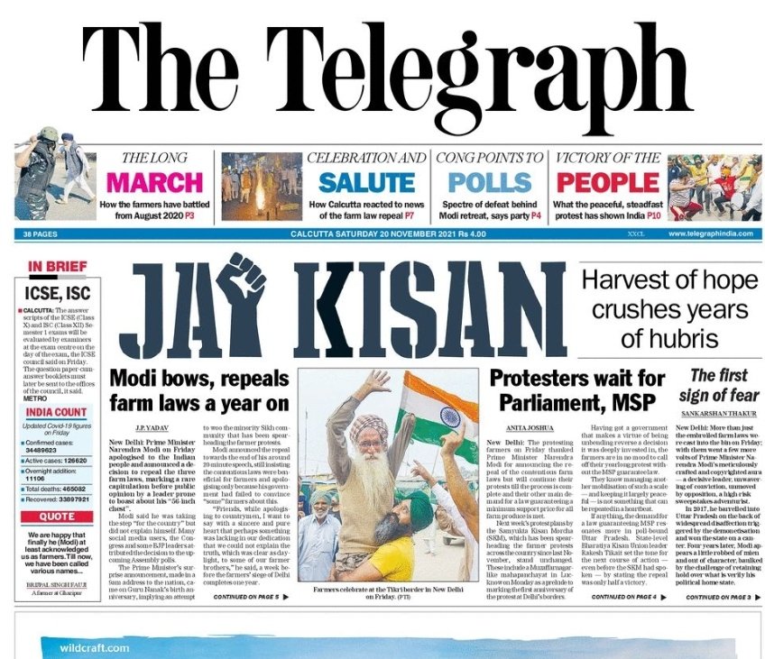 ttindia's tweet photo. Good morning. Here's the front page of The Telegraph for you. 

Read more at https://t.co/vvOWWc6Re5

#unputdownable #telegraphfrontpage #politicalnews #covid19 #FarmLaws  #FarmLawsRepealed #FarmersProtest #indiangovt https://t.co/etRNahZlzK