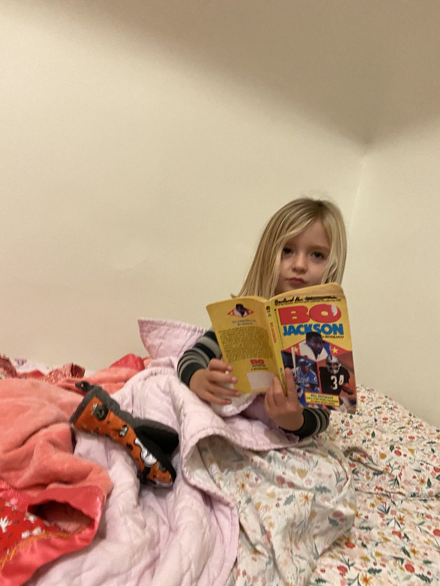 TravisL12's tweet photo. We stopped by a neighborhood “Take a book, leave a book” bins near our house. My daughter picked out Bo Jackson’s biography. For bedtime she tells me about Bo Jackson… she’s 3. @BoJackson #boKnowsBedtime https://t.co/VdyKo3tpDf