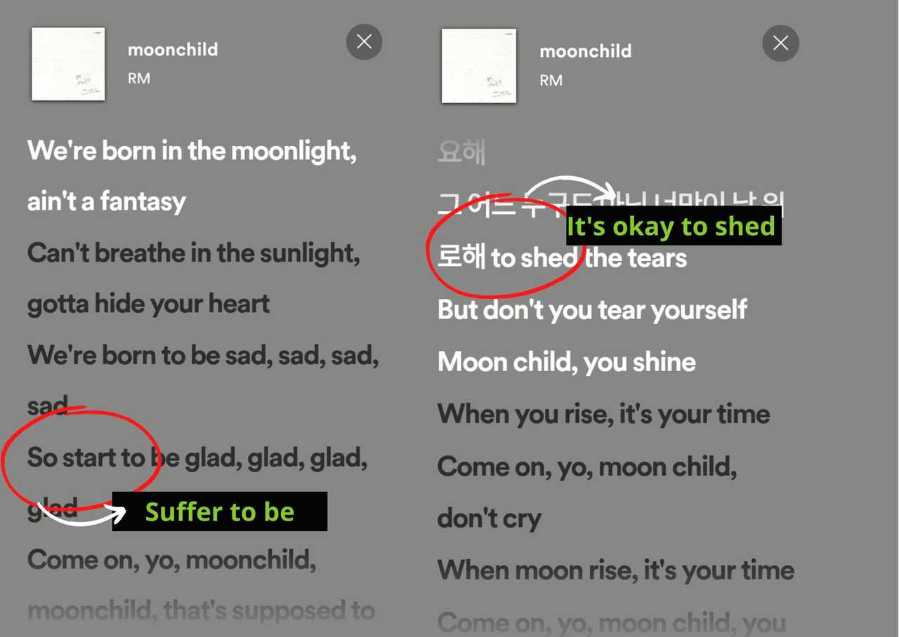 Vkookᴮᴱ Hi Spotify Spotifycares Musixmatch We Noticed Some Mistakes In The Lyrics Of Moonchild By Rm We Request That The Songs In Rm Be Reviewed And The Wrong Lyrics