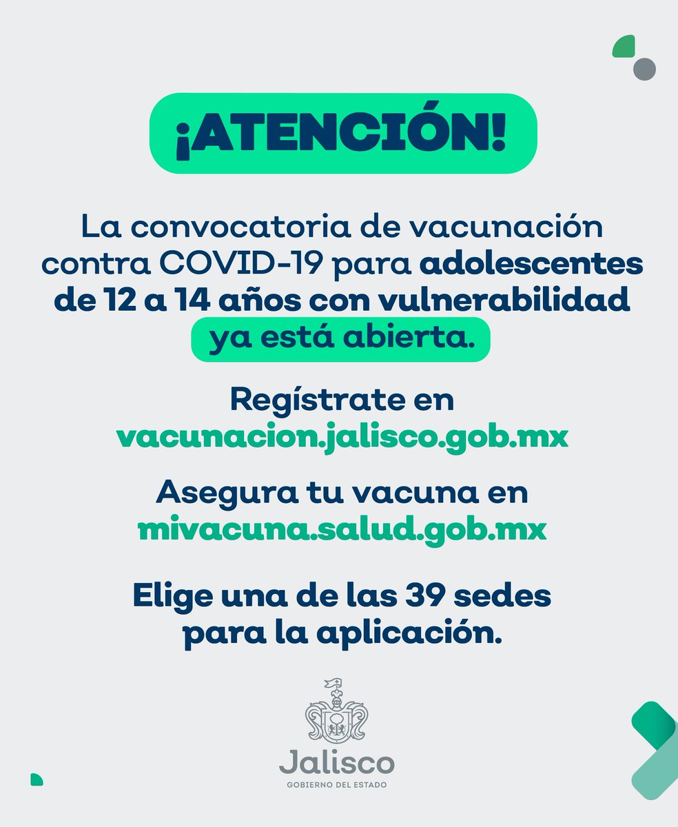 saludjalisco's tweet image. 👉 ¡ATENCIÓN!👈

Ya se encuentra abierto el registro para que adolescentes de 12 a 14 años con vulnerabilidad y de 15 a 17 años sin vulnerabilidad puedan registrarse para recibir la primera dosis y protegerse contra el COVID-19💉 en 39 sedes del Estado.