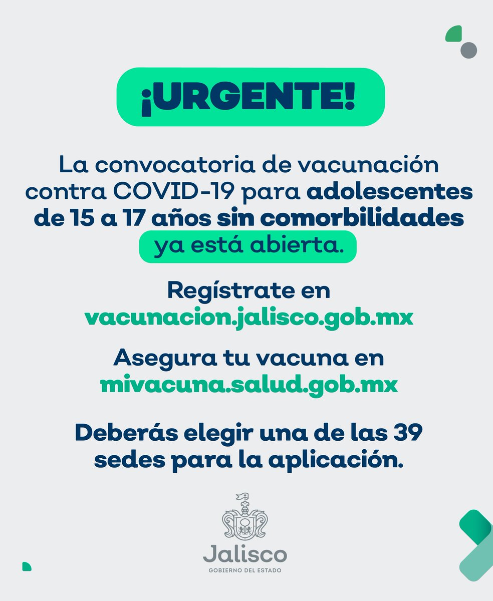saludjalisco's tweet image. 👉 ¡ATENCIÓN!👈

Ya se encuentra abierto el registro para que adolescentes de 12 a 14 años con vulnerabilidad y de 15 a 17 años sin vulnerabilidad puedan registrarse para recibir la primera dosis y protegerse contra el COVID-19💉 en 39 sedes del Estado.
